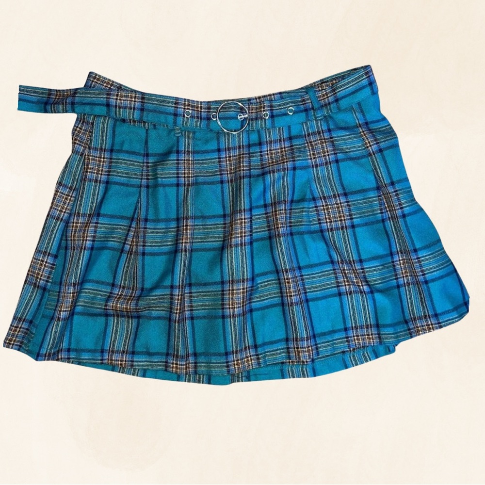 Blue and Yellow Plaid Women's Skirt with Funky Belt